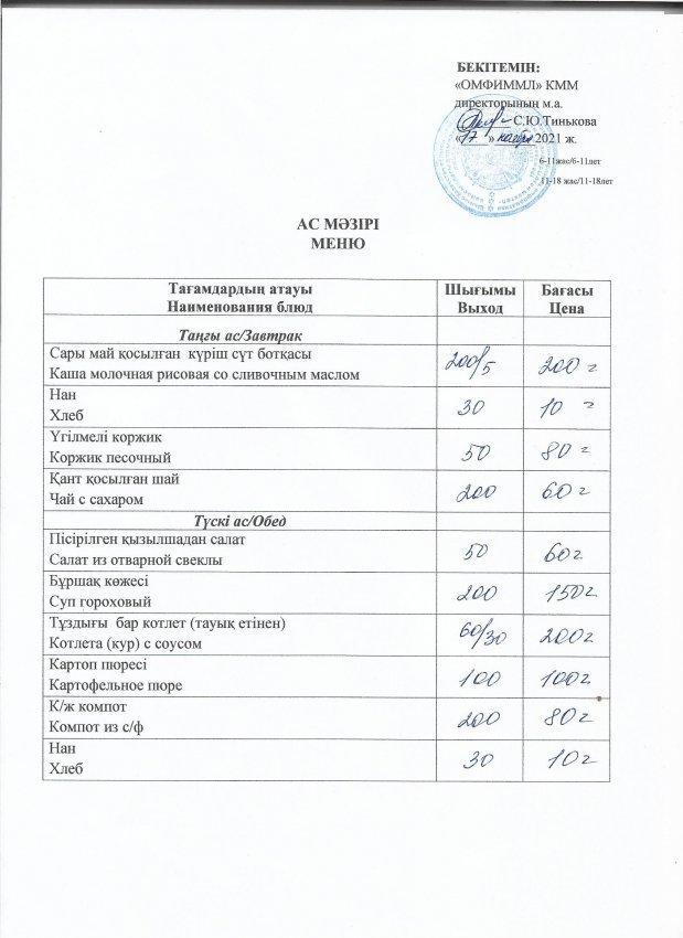 Утвержденное меню на 17.11.2021г