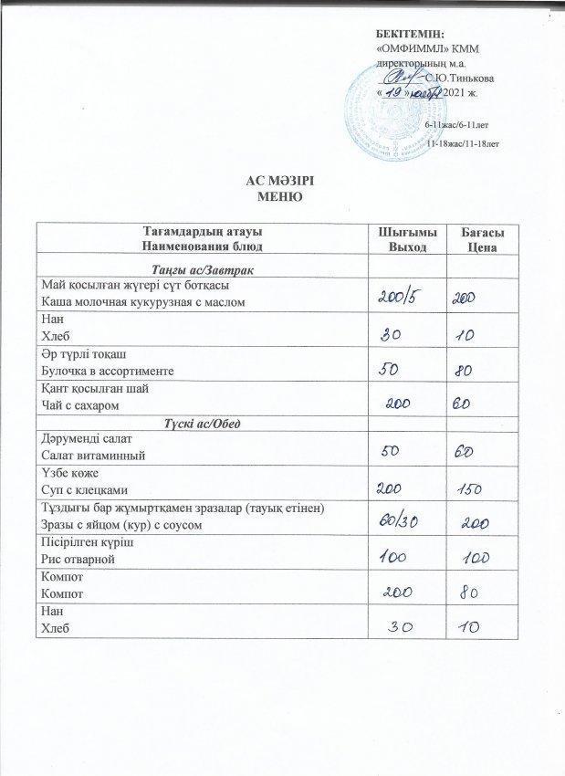 Утвержденное меню на 19.11.2021г