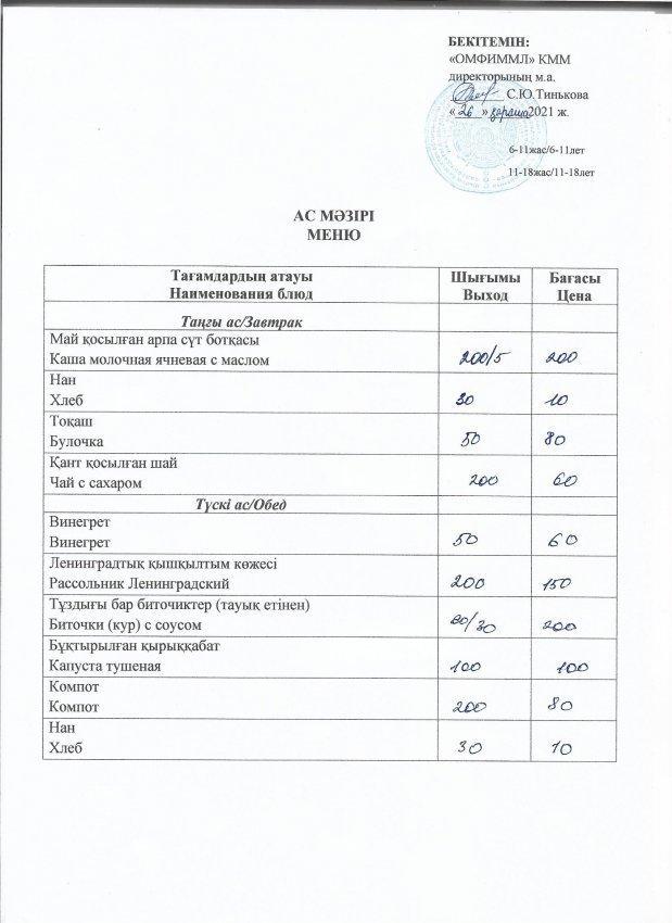 Утвержденное  меню на 26.11.2021
