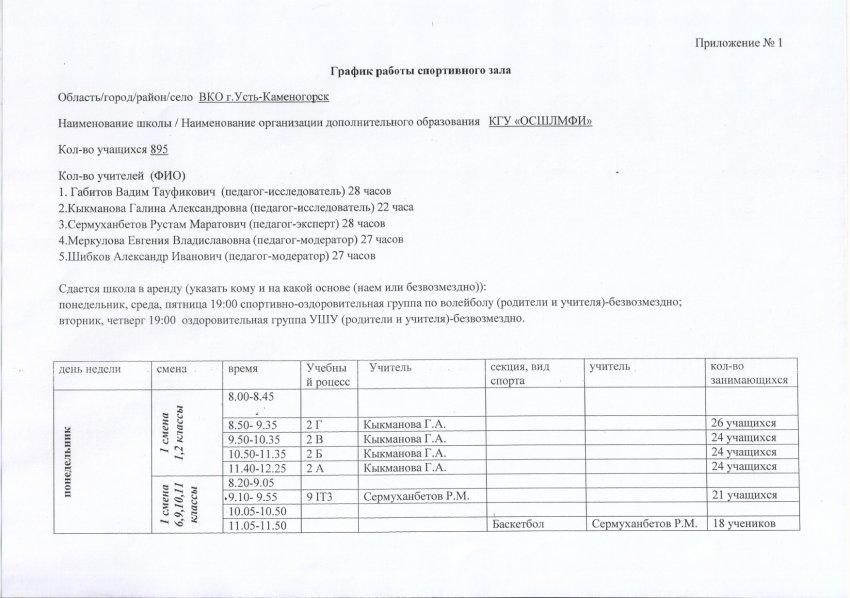 График работы спортивного зала